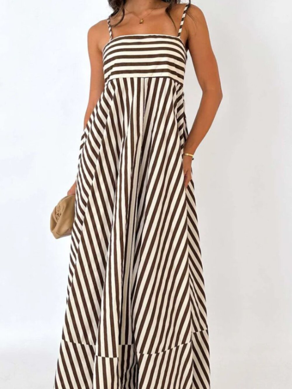 Commense Striped Pleated Cami Long Dress Light Brown - Size L (NWT)